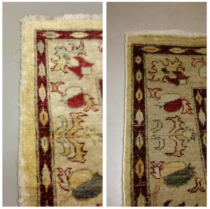 A rug edge shown before and after edge and fringe repair